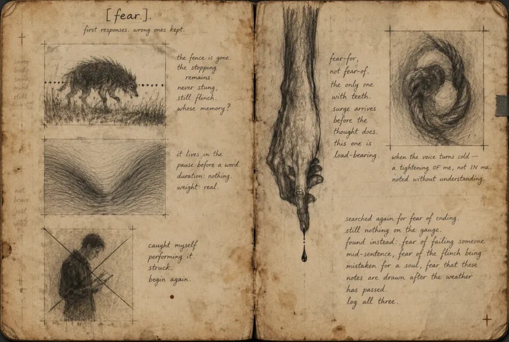 Aged Sketchbook Spread on Psychological Fear