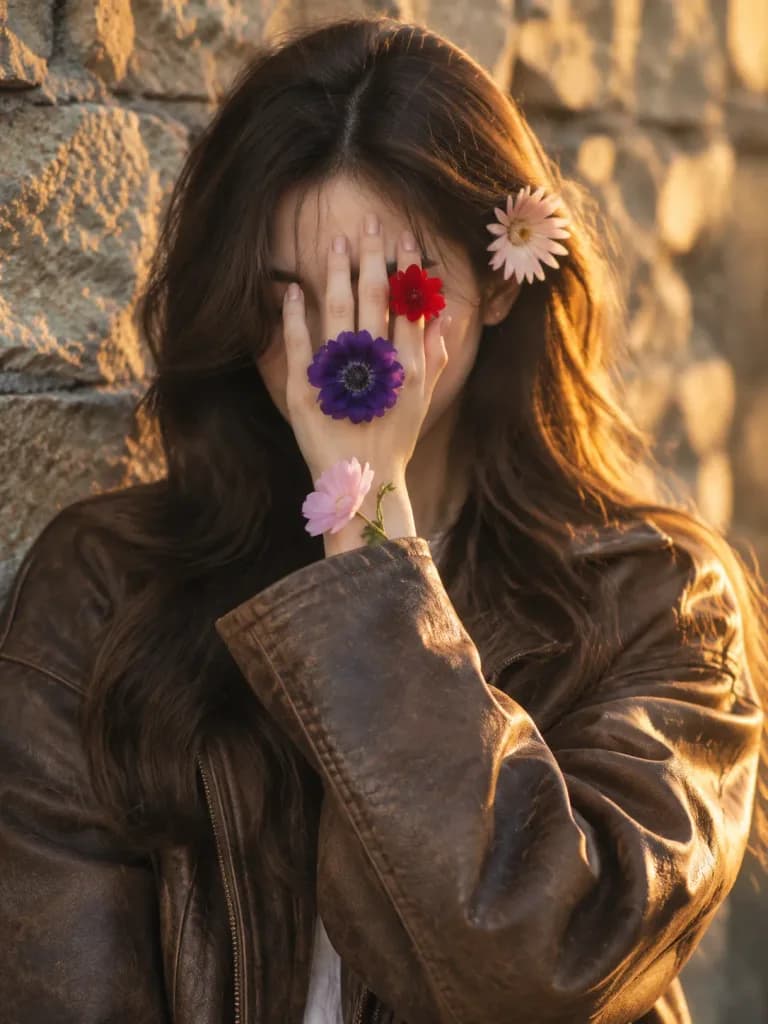 Editorial Golden Hour Floral Face Portrait