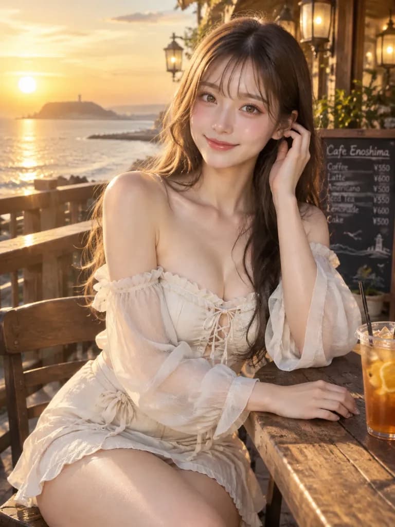 ภาพพอร์ตเทรตร้านกาแฟริมทะเลช่วงพระอาทิตย์ตก