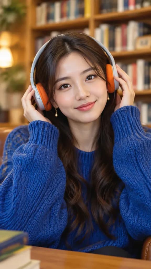 아늑한 도서관에서 헤드폰을 쓴 여성