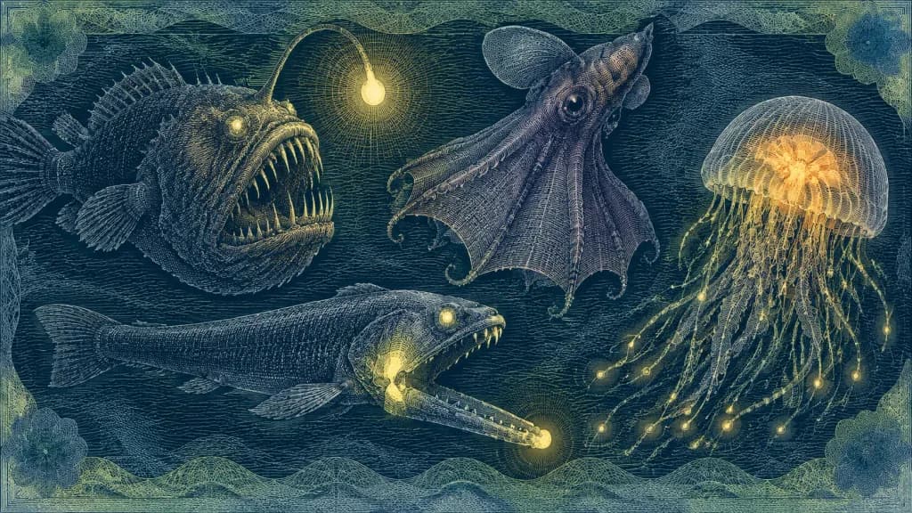 紙鈔雕刻風格深海生物