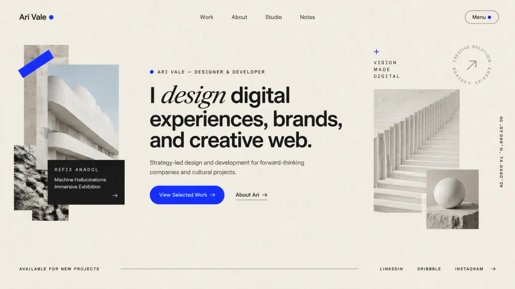 Editorial Swiss Style Portfolio Hero UI