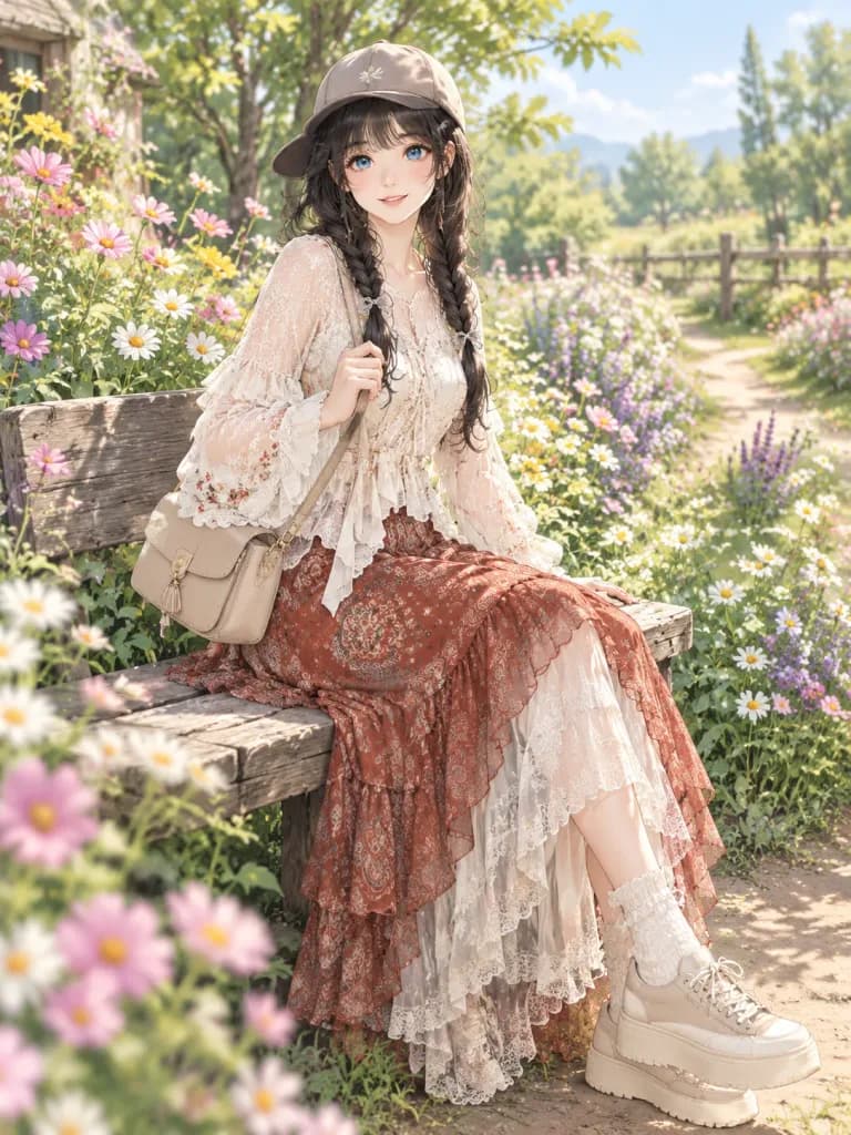 Anime Girl on Garden Bench