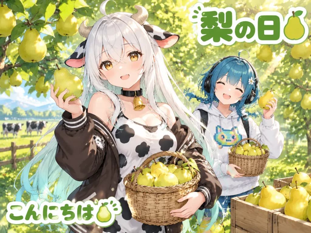 動漫風梨園豐收採摘插畫