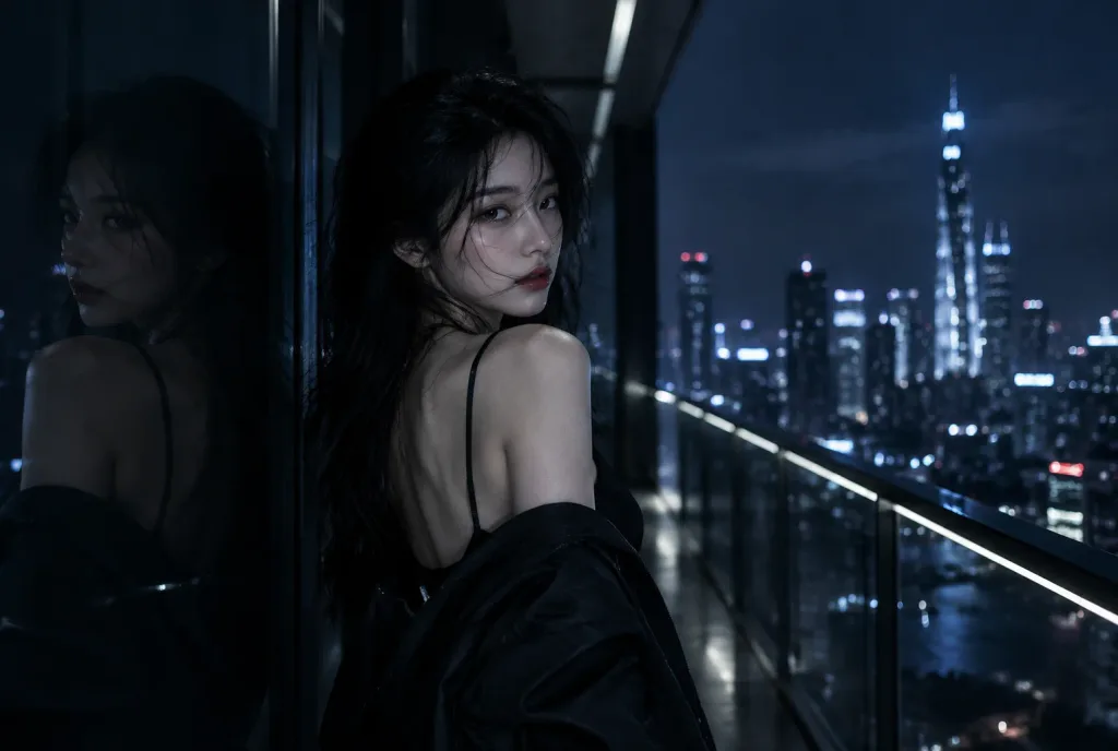 夜間高空露台玻璃倒影肖像
