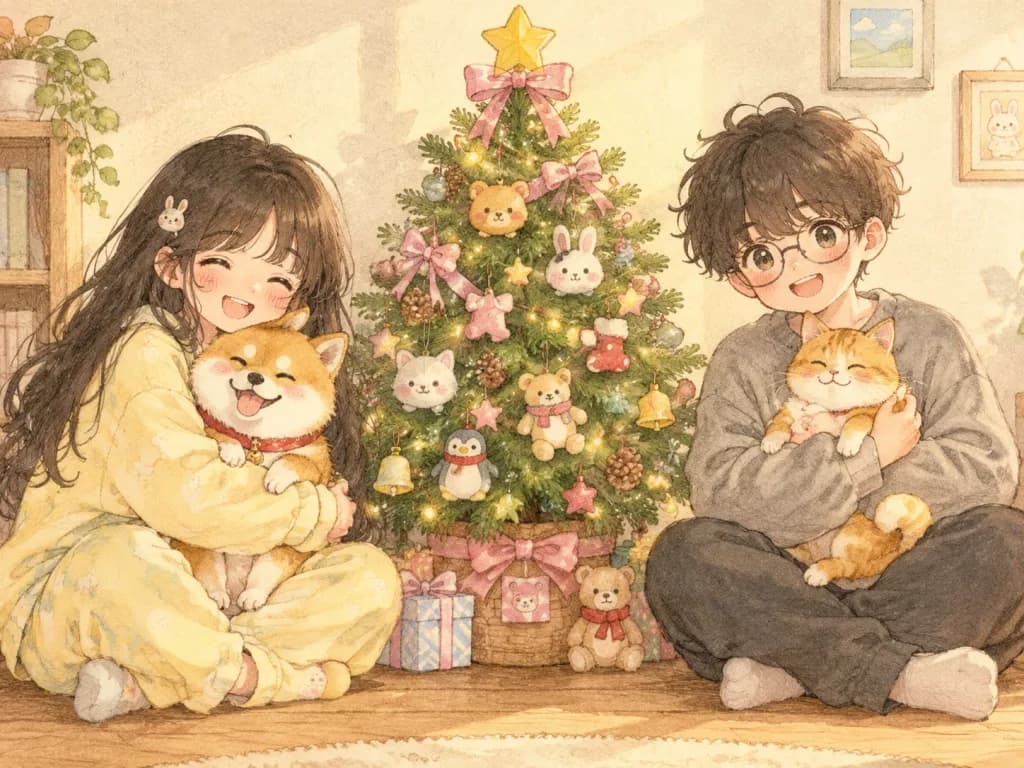 温もりある水彩画のクリスマスモーニング