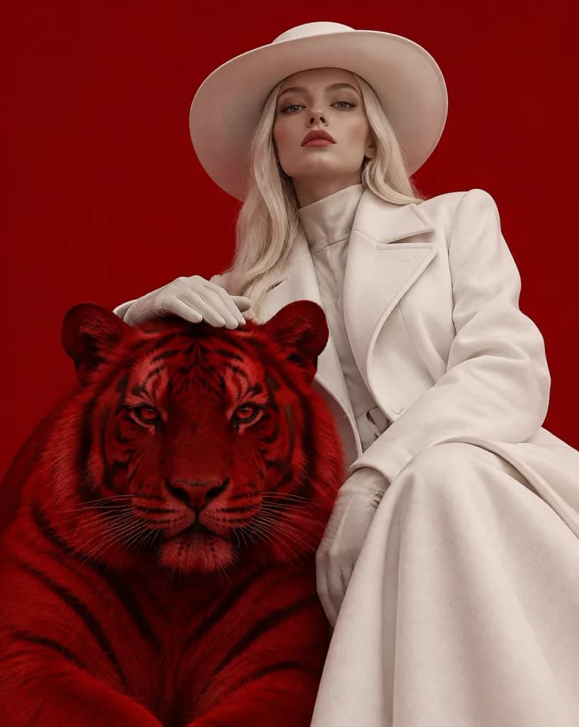 Surreal White and Crimson Tiger Portrait