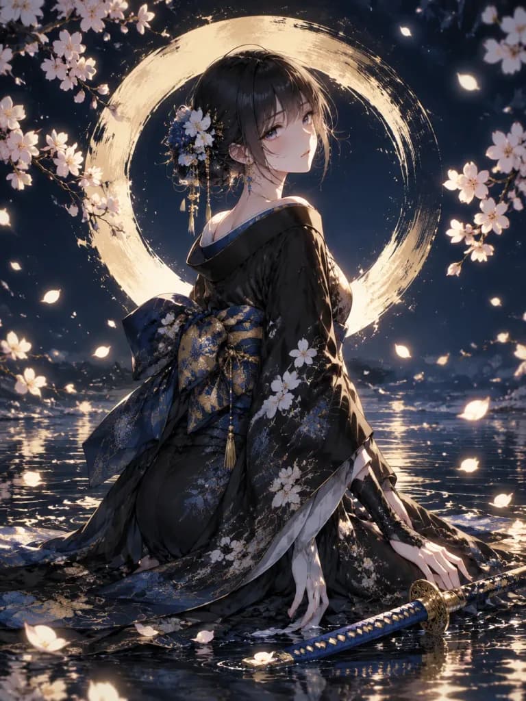 Moonlit Anime Kimono Maiden by Water