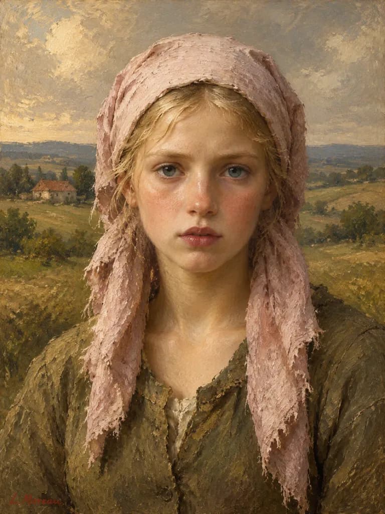 19th-Century Pastoral Girl Oil Portrait