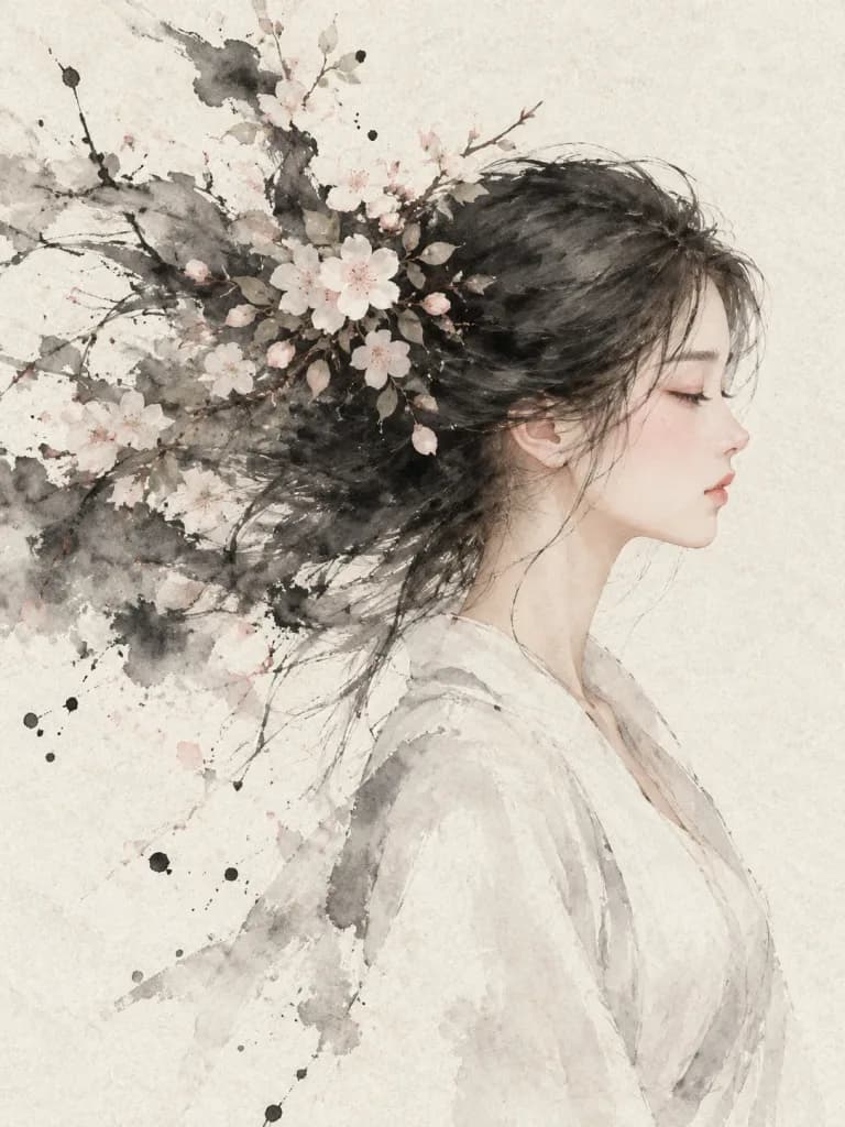 水墨画と桜の女性ポートレート