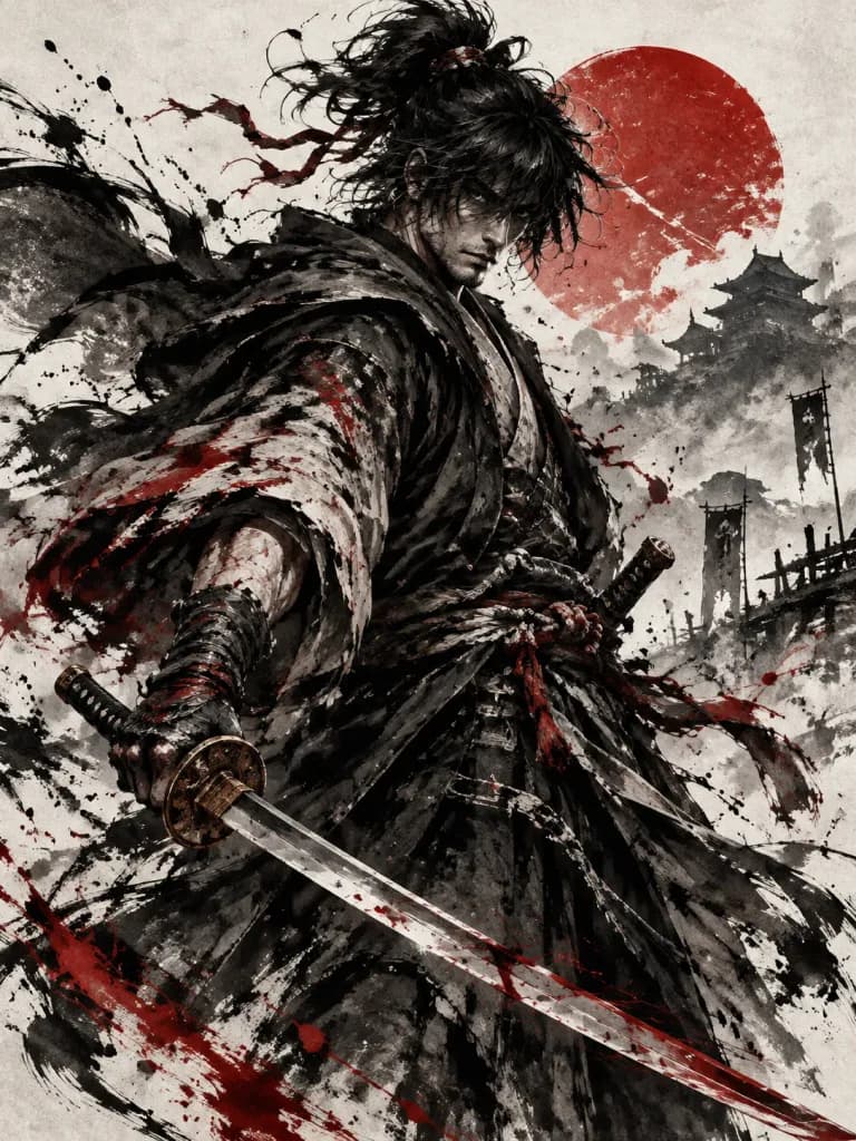 Sumi-e Manga Samurai Illustration