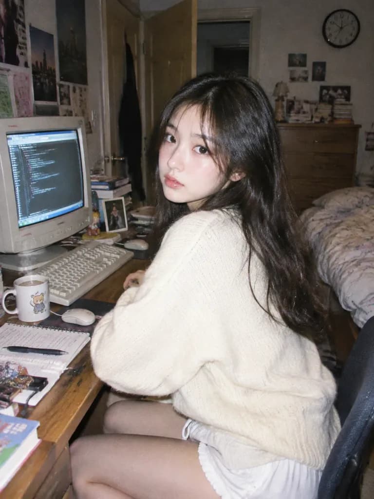 레트로 CRT 컴퓨터 앞 심야 포트레이트