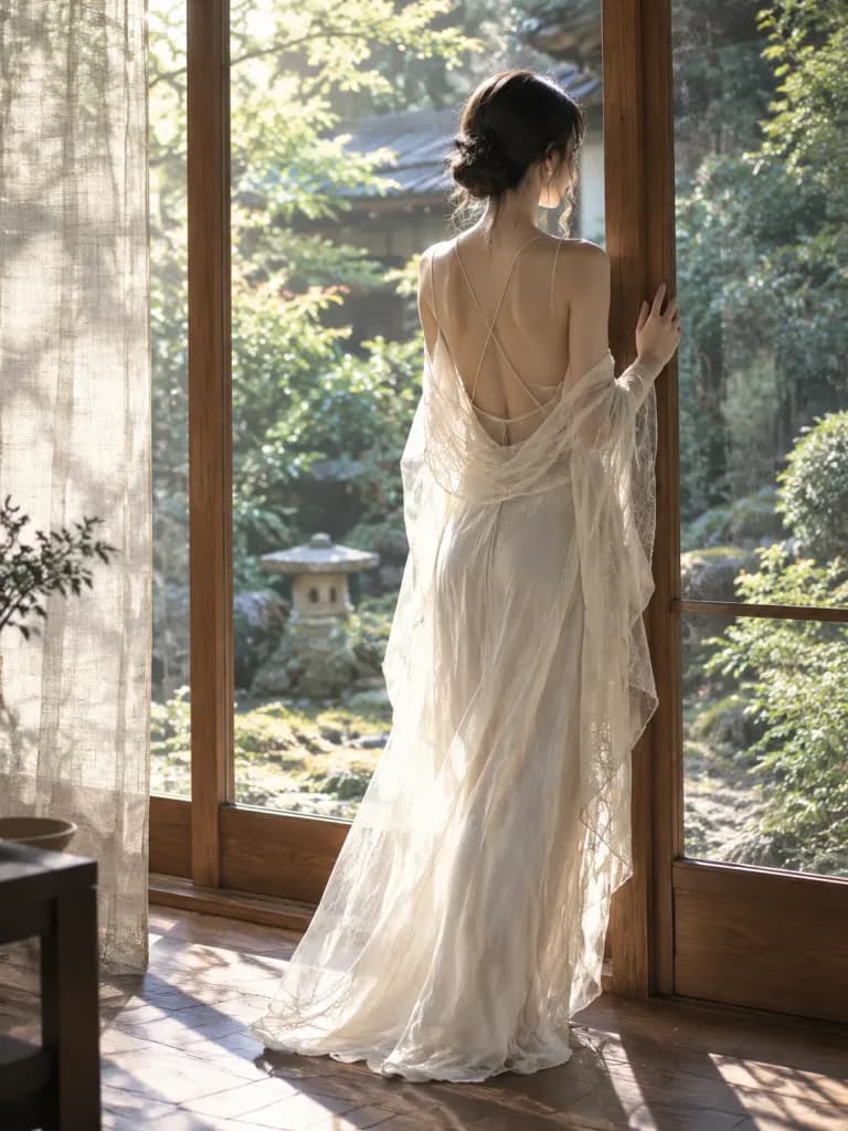 Woman Looking at Morning Garden