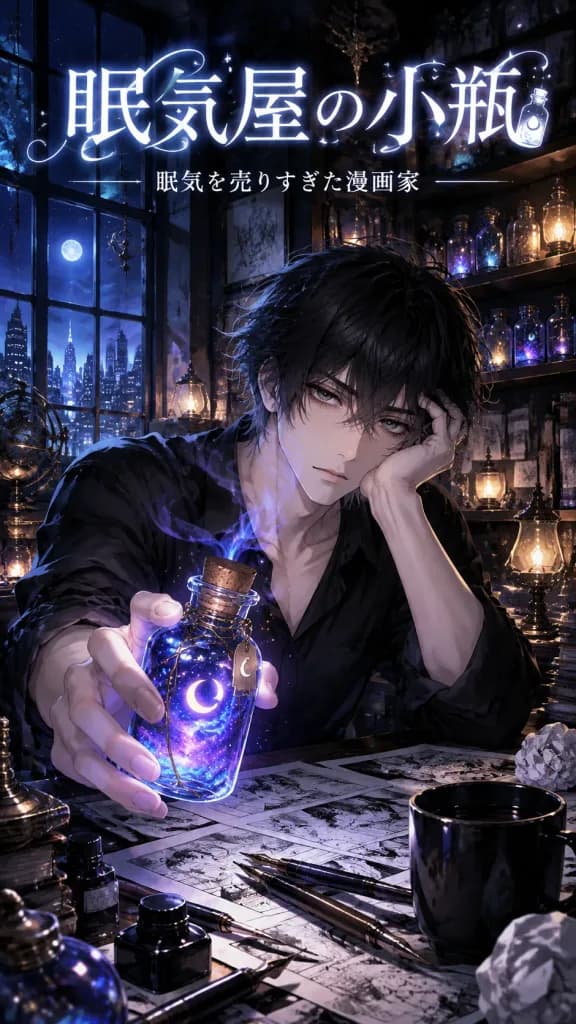 Copertina manga dark fantasy con disegnatore esausto