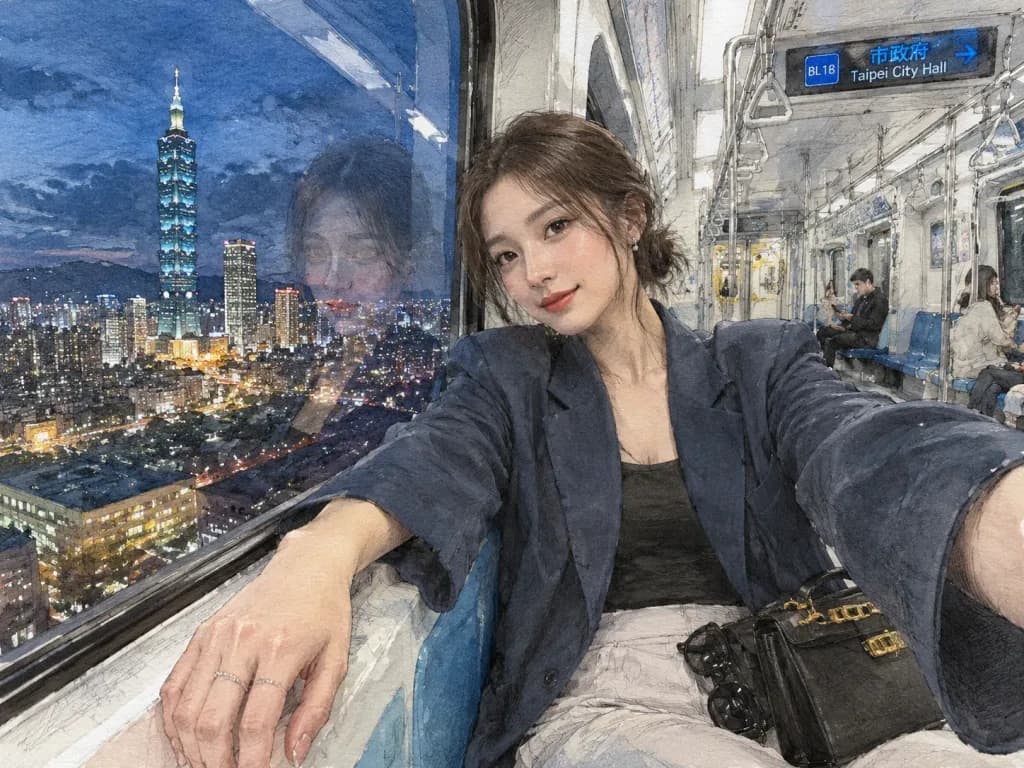 Selfie Notturno in Acquerello sulla Metro di Taipei