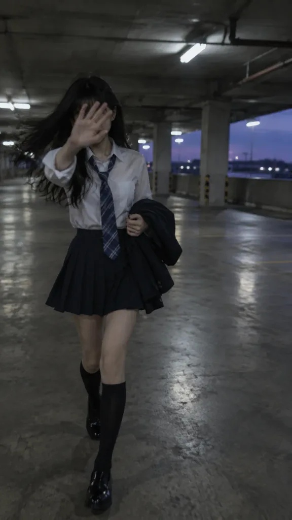 Studentessa che cammina in un parcheggio al crepuscolo