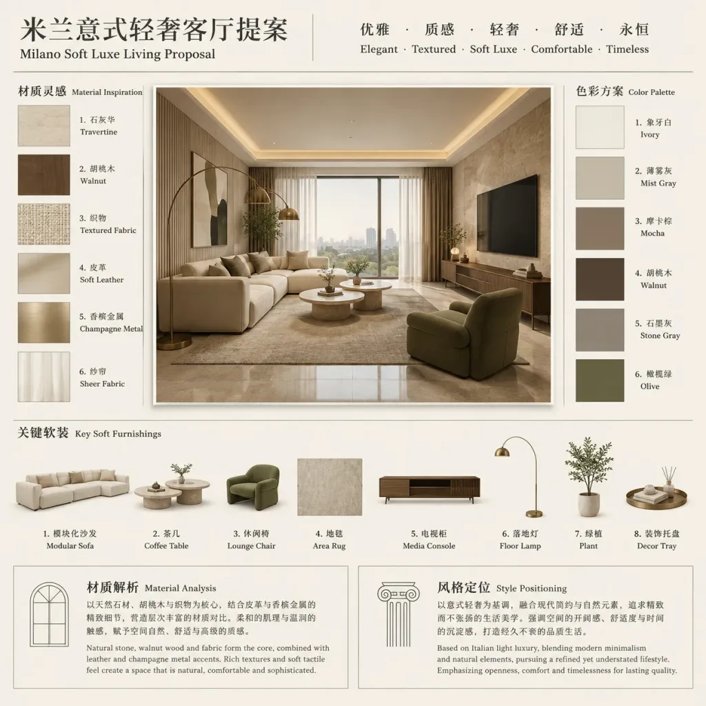 Milanese Soft Luxury Living Room Proposal Board