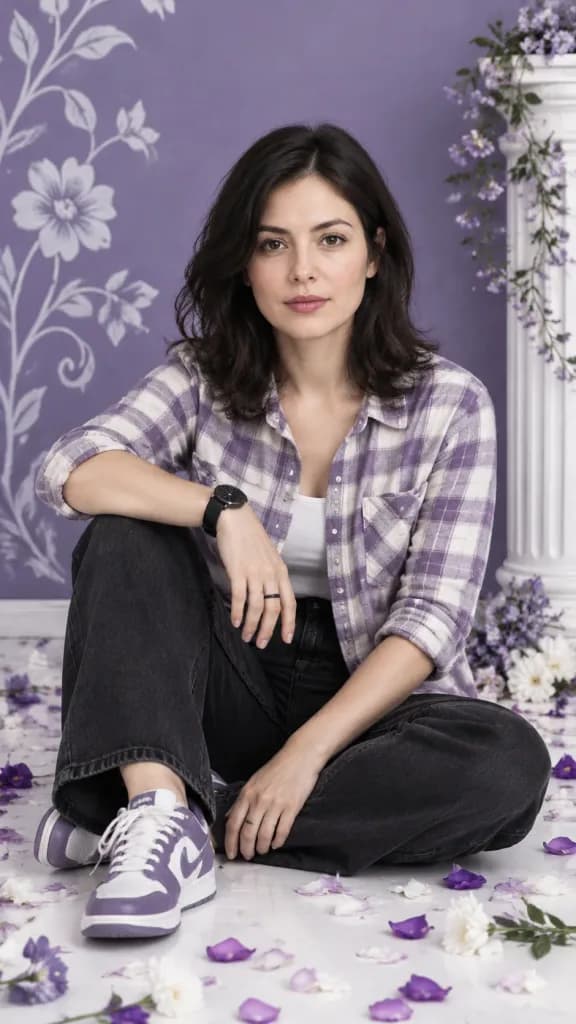 Studio Portrait with Purple Floral Backdrop