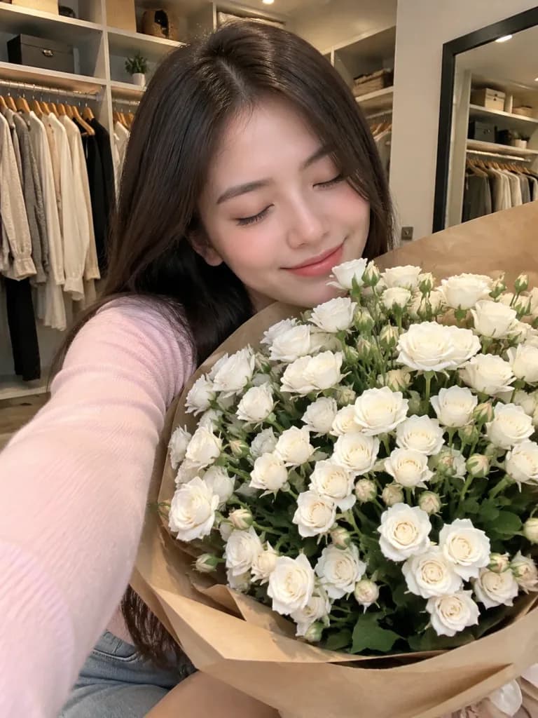 대형 꽃다발과 함께하는 아늑한 홈 셀카