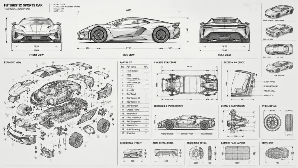 Futuristic Sports Car Technical Blueprint