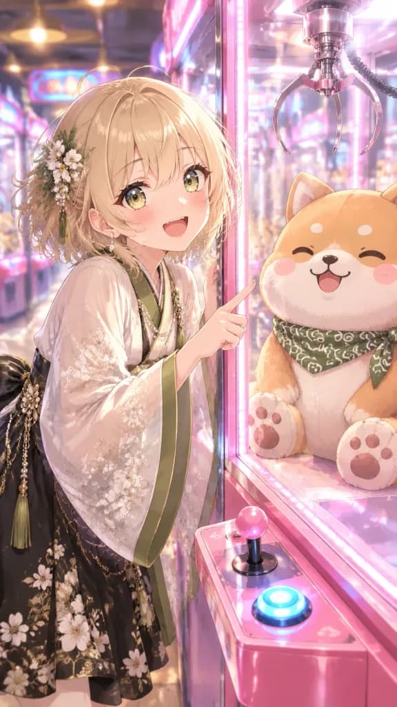 クレーンゲームを指差すゲームセンターのアニメ少女