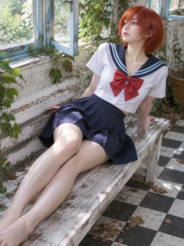温室ポーチのセーラー服コスプレ