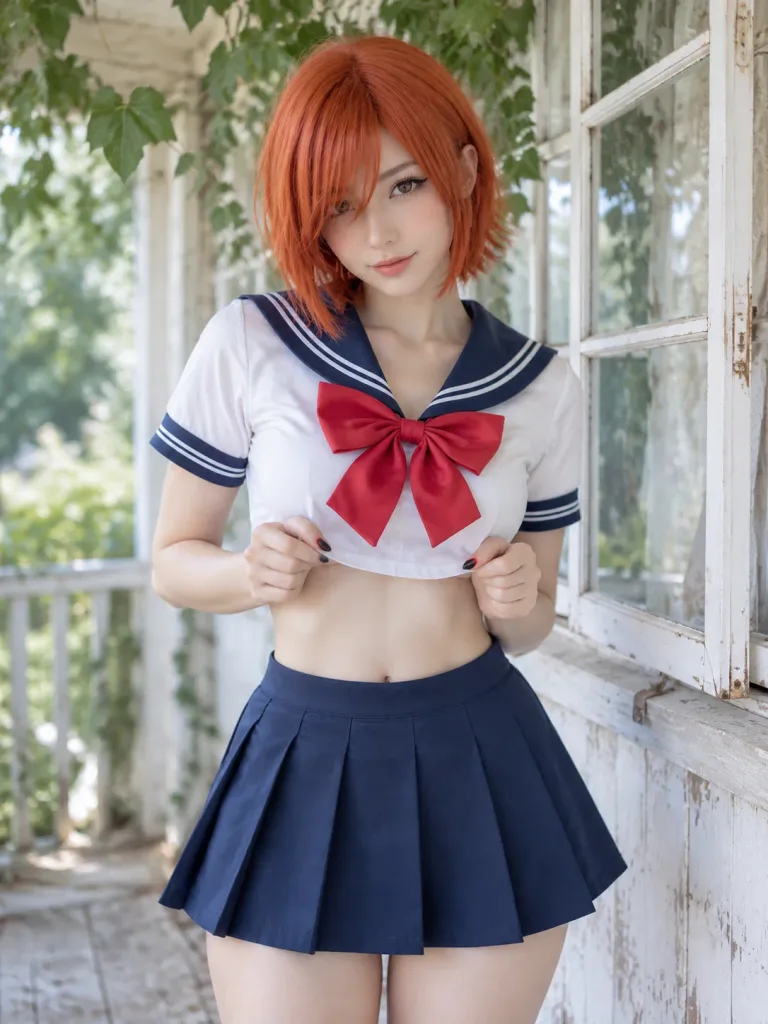 レトロなポーチでのセーラー風コスプレ写真