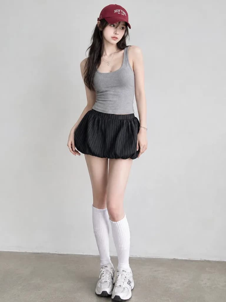Y2K條紋蓬蓬褲裙街頭穿搭