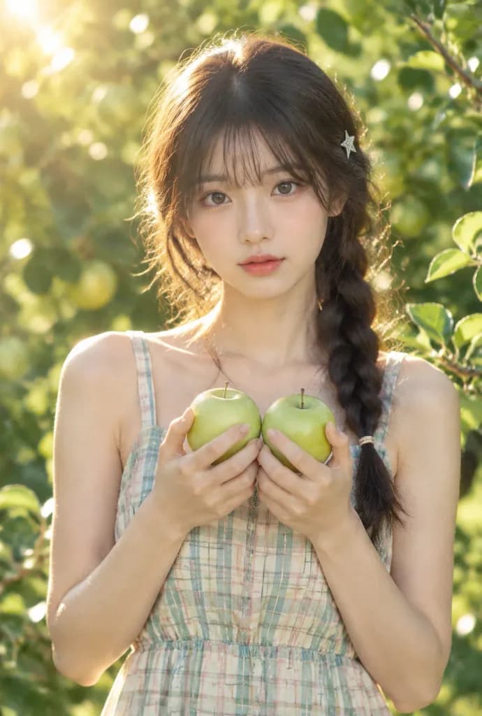 풋사과를 든 여름 과수원 포트레이트