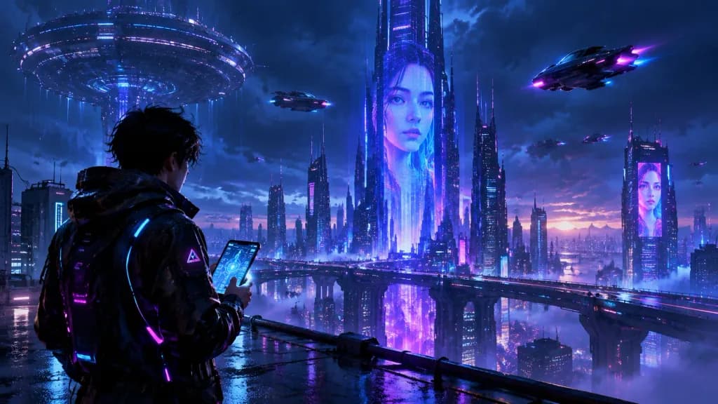 مخترق سايبربانك على السطح يطل على مدينة عملاقة