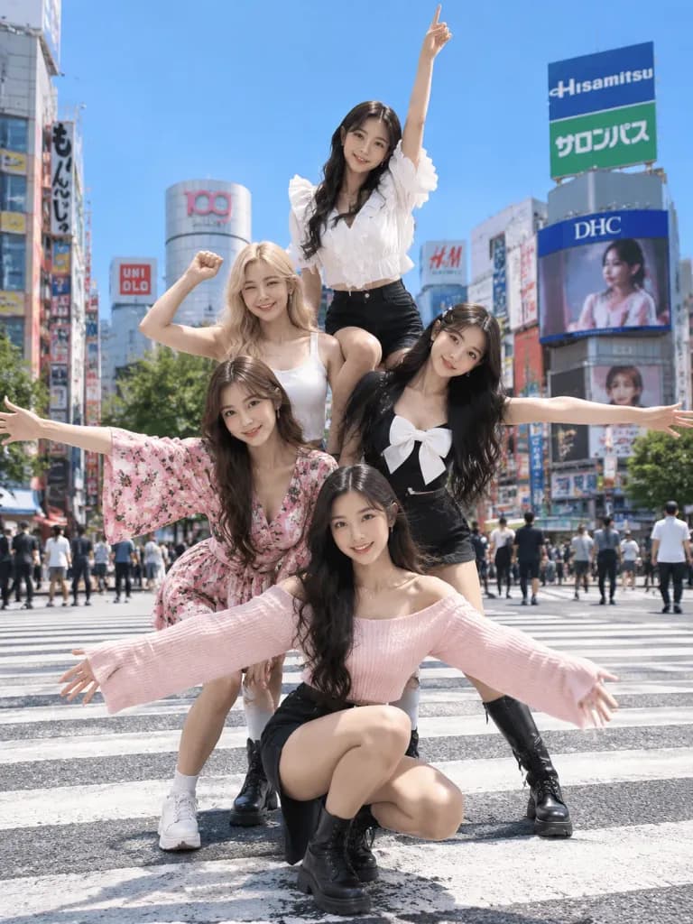 Moda Urbana Grupal de Cinco Personas en Tokio