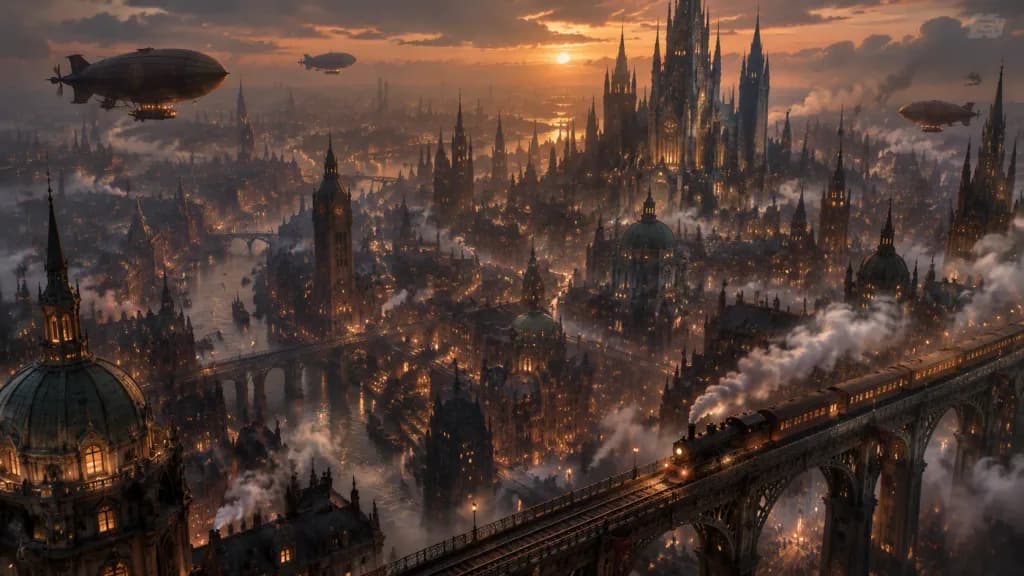 High-Angle Steampunk Gothic Cityscape