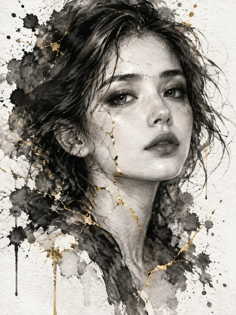 Monochromatyczny Portret Akwarelowy ze Szlifem Kintsugi