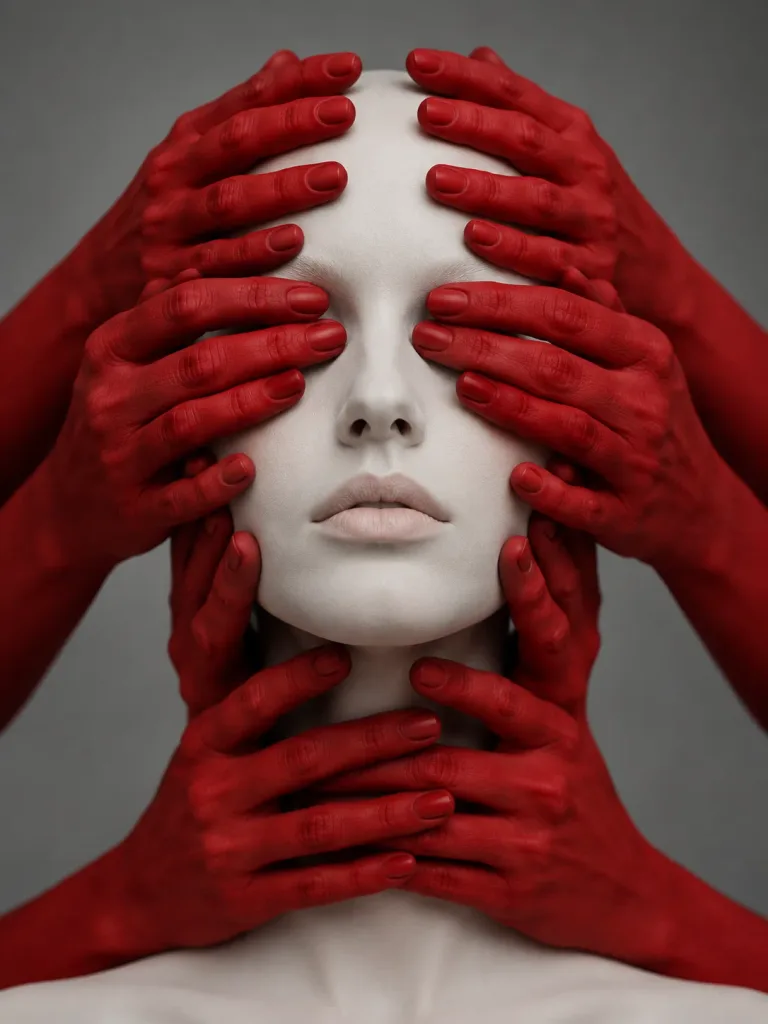Surreal Porcelain Portrait with Red Hands