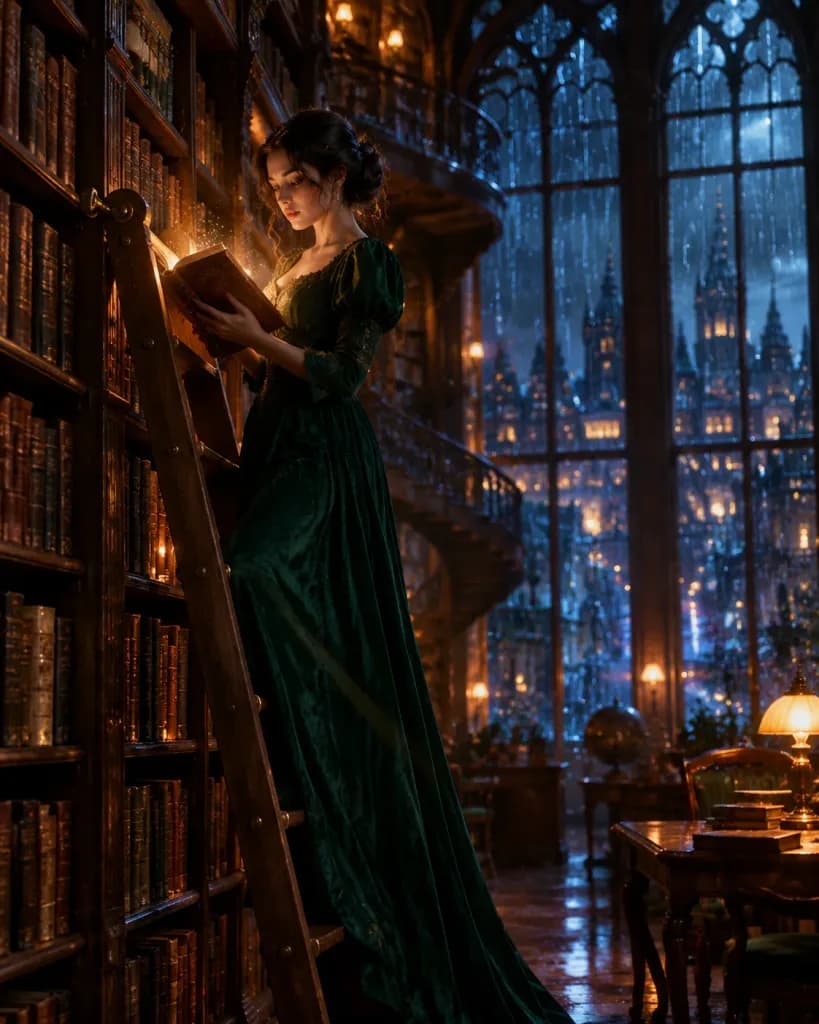 Woman with Glowing Book in Midnight Bookstore