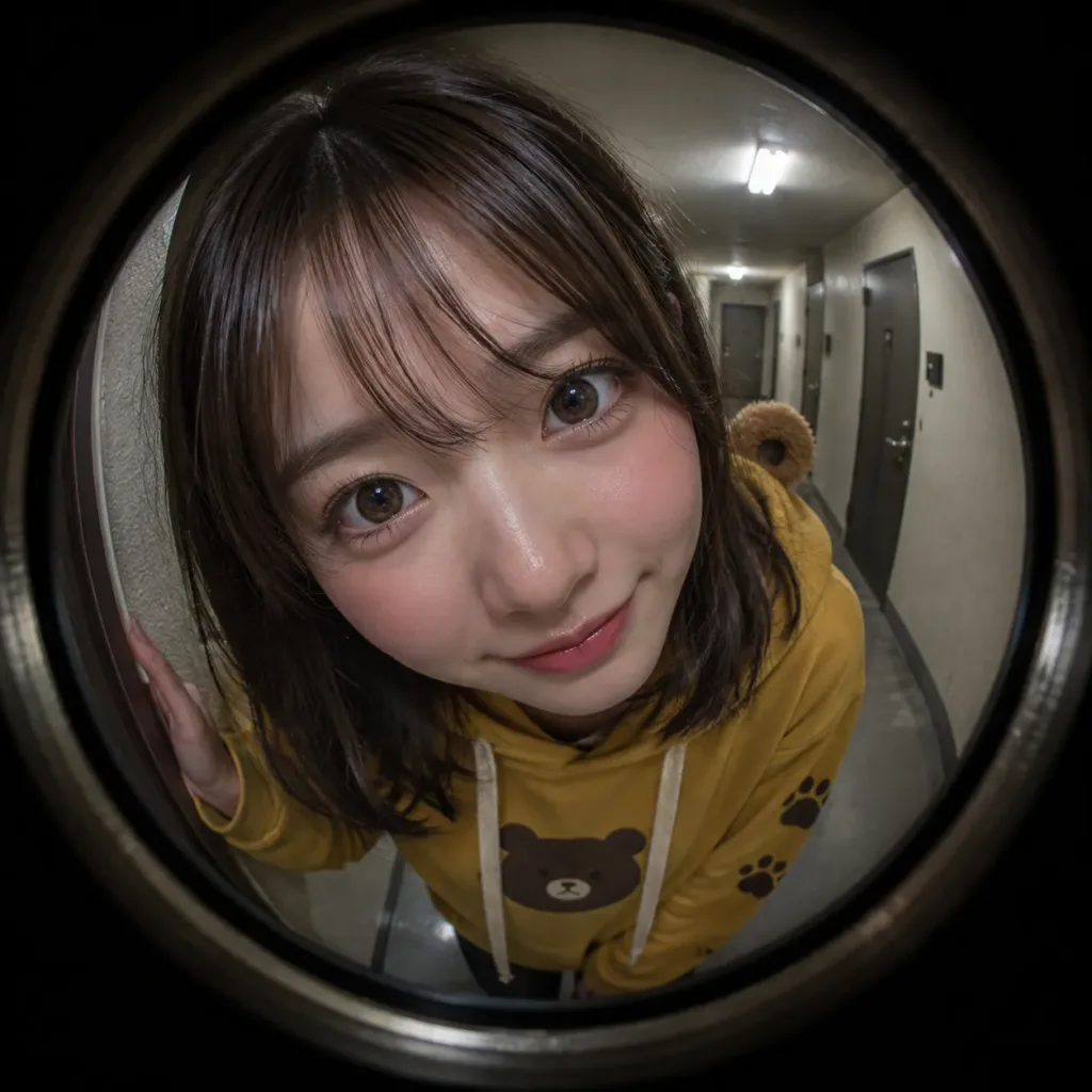ドアスコープから覗くパーカーの女性