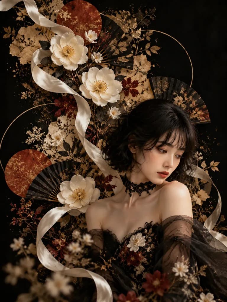東アジア女性の和風花コラージュポートレート