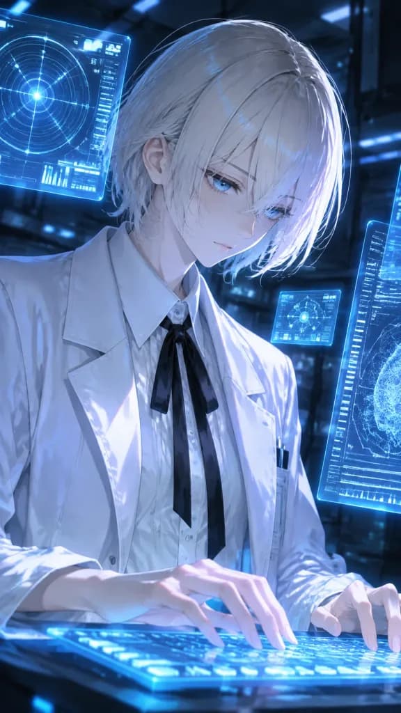 ホログラム端末前のサイバーパンクハッカー