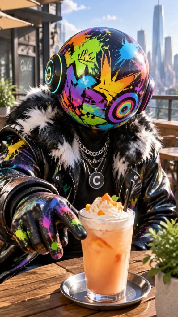 Graffiti Sphere-Headed Alien at Café