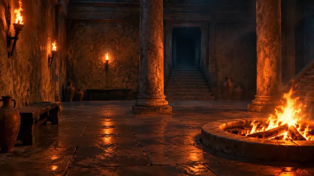 Ancient Firelit Stone Atrium Hall