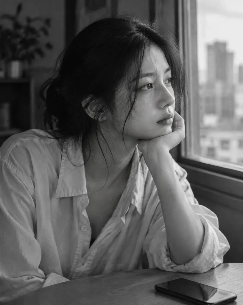 Introspective Black and White Window Portrait