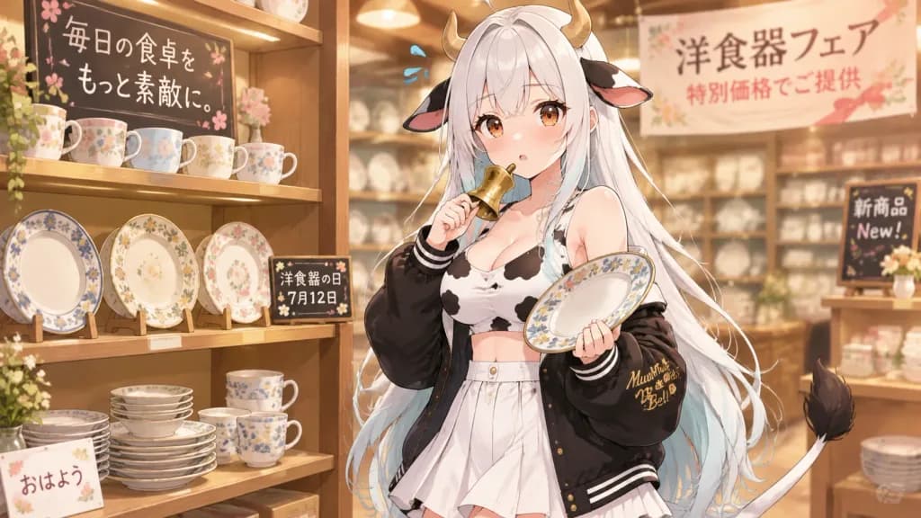 在餐具店購物的牛角惡魔少女