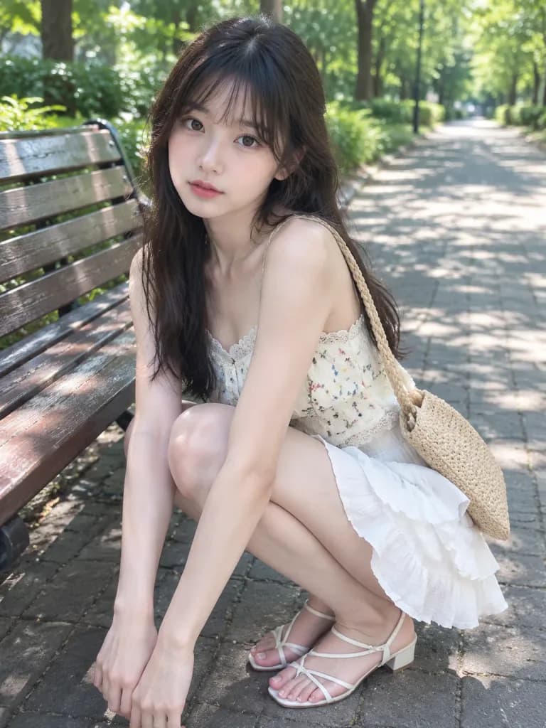 Femme est-asiatique accroupie près d'un banc de parc