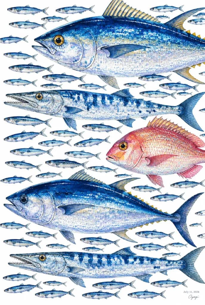 Watercolor Ocean Fish School Illustration