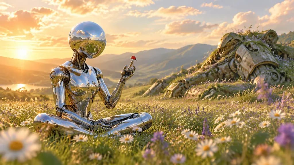 野の花の草原に佇むクロームロボット