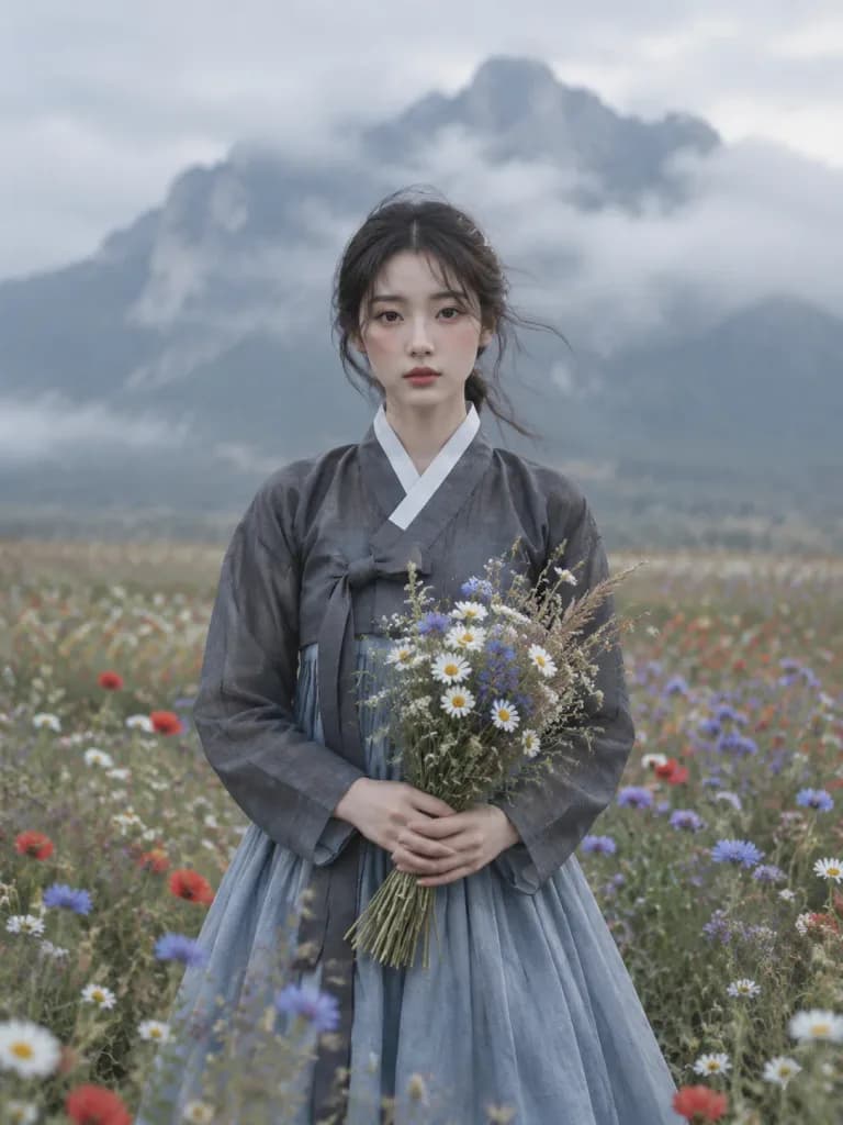 Traditional Hanbok Portrait in Misty Meadow