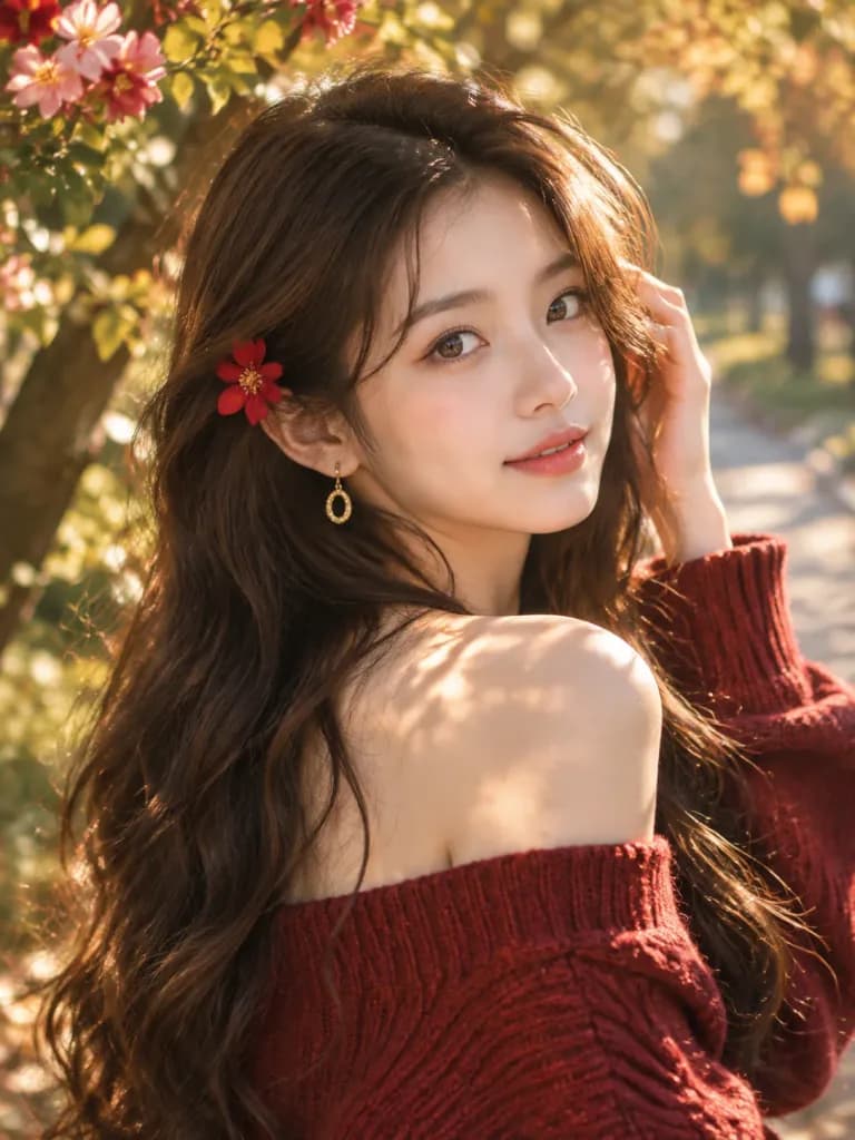 落日餘暉下的紅毛衣人像