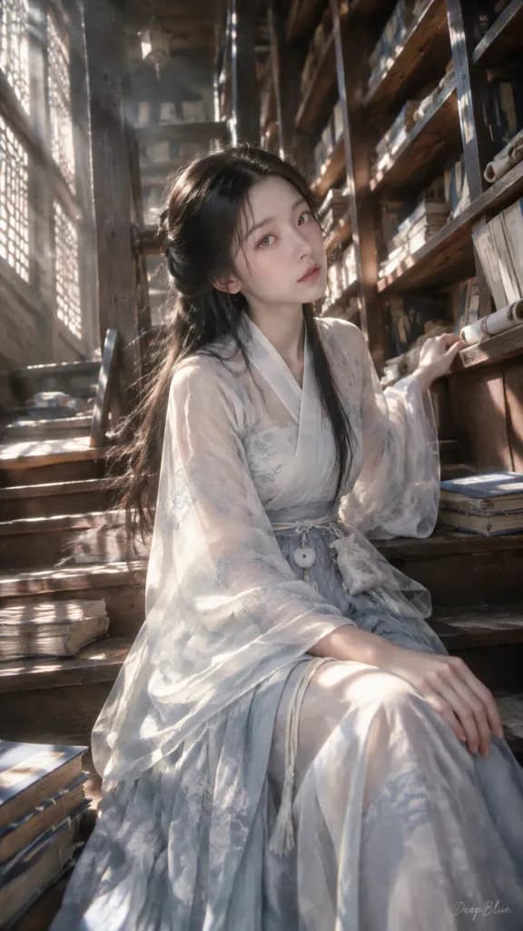古い書閣の漢服エディトリアルポートレート