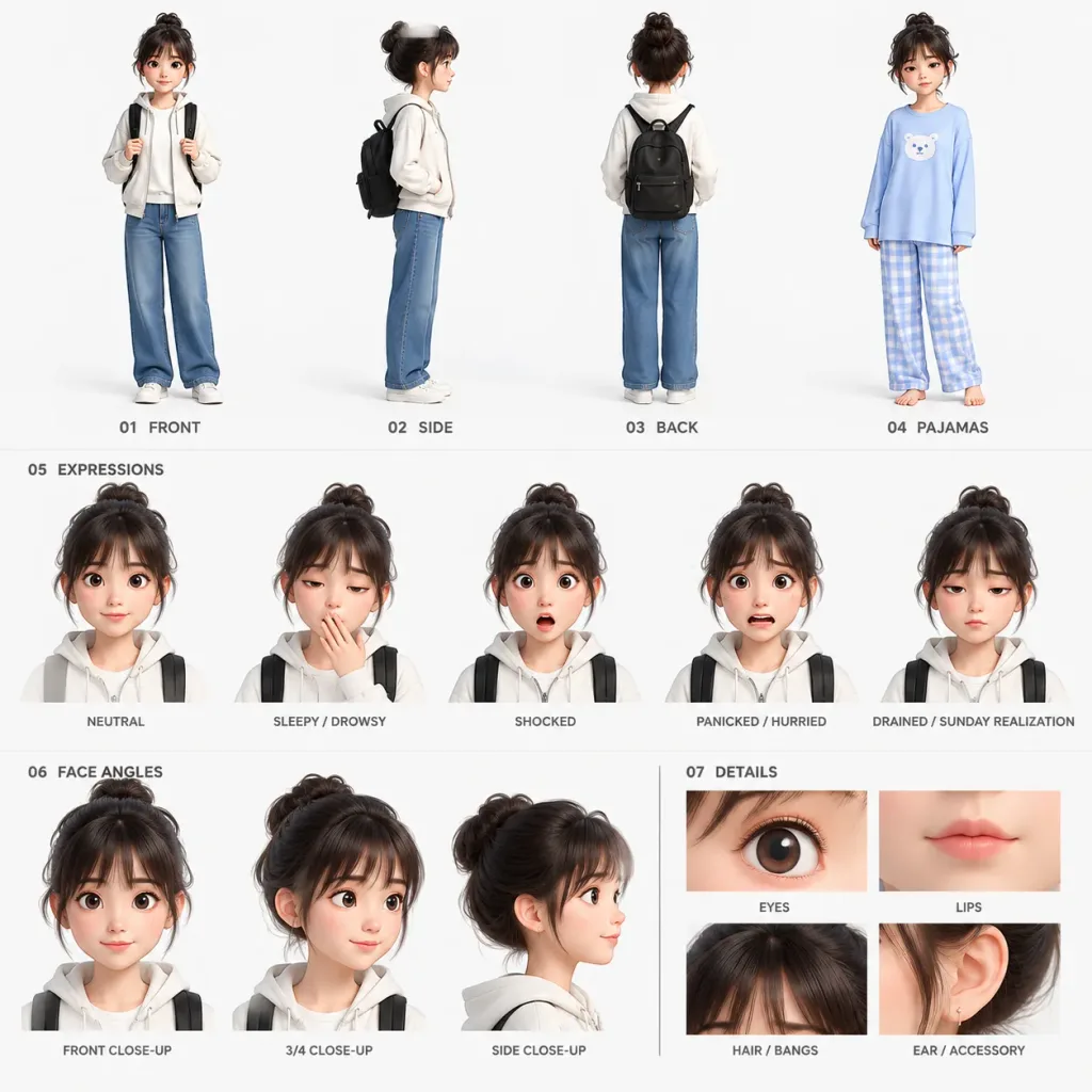 風格化3D角色設定三視圖範本