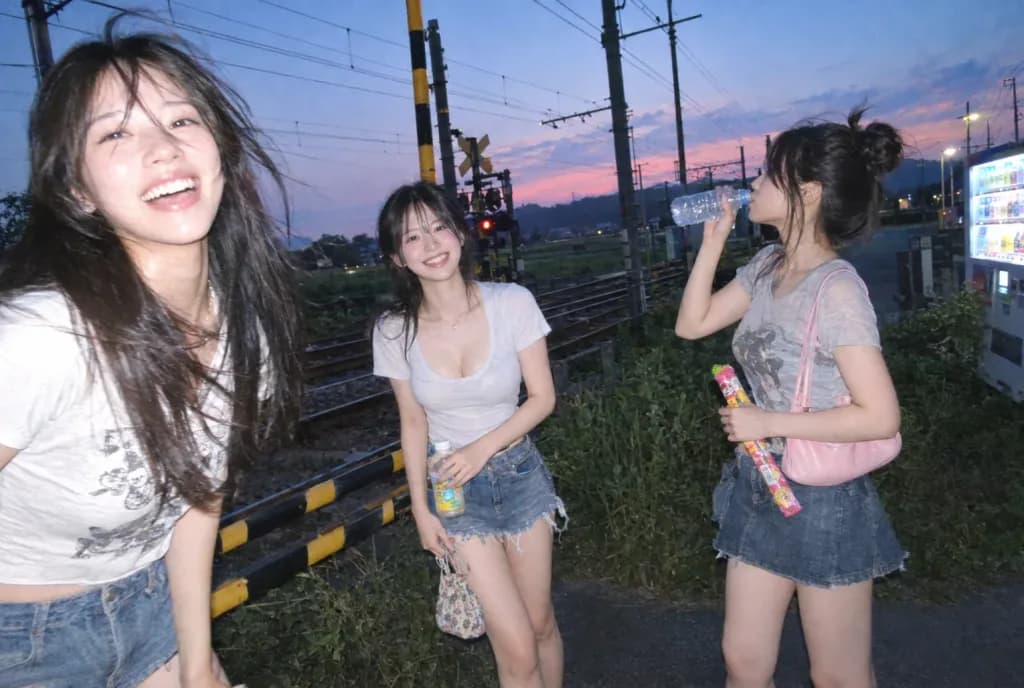 夏の夕暮れ 日本の踏切でのフラッシュスナップ